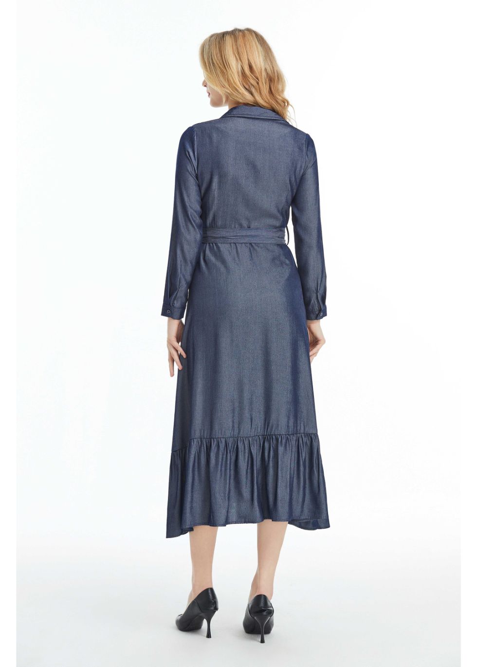 Denim Look Midi Dress with Cuffed Sleeves - MissFinchNYC