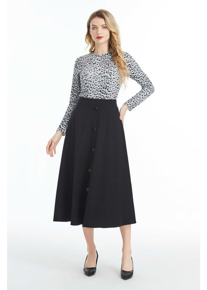 Fully Lined Black Midi Skirt with Front Button Detail - MissFinchNYC