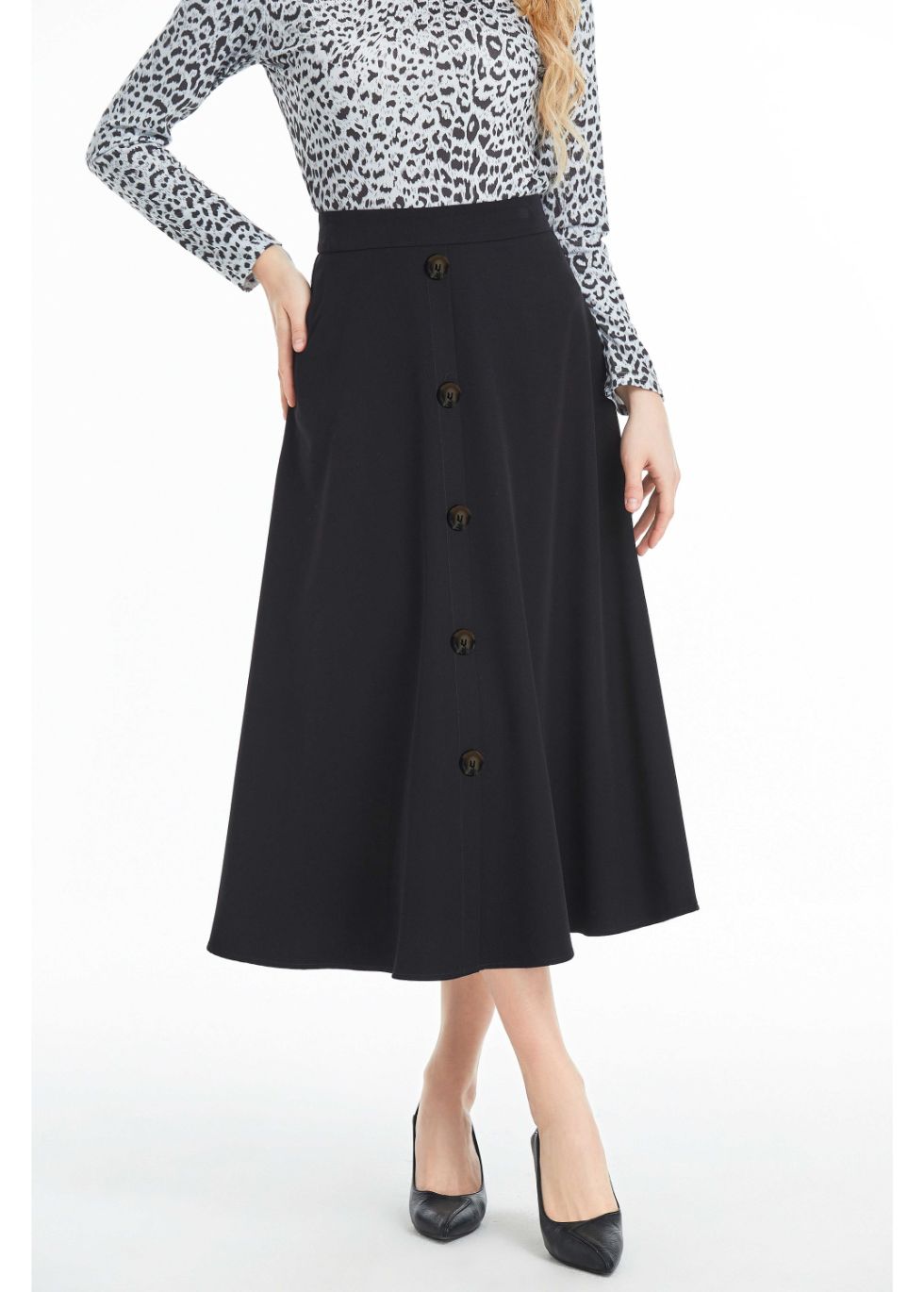 Fully Lined Black Midi Skirt with Front Button Detail - MissFinchNYC