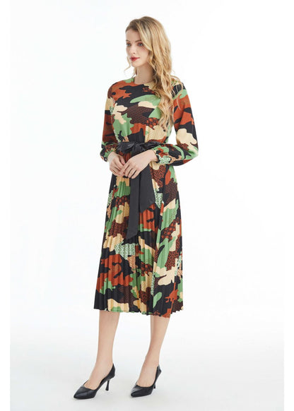 Long Sleeved Belted Colorful Print Midi Dress - MissFinchNYC