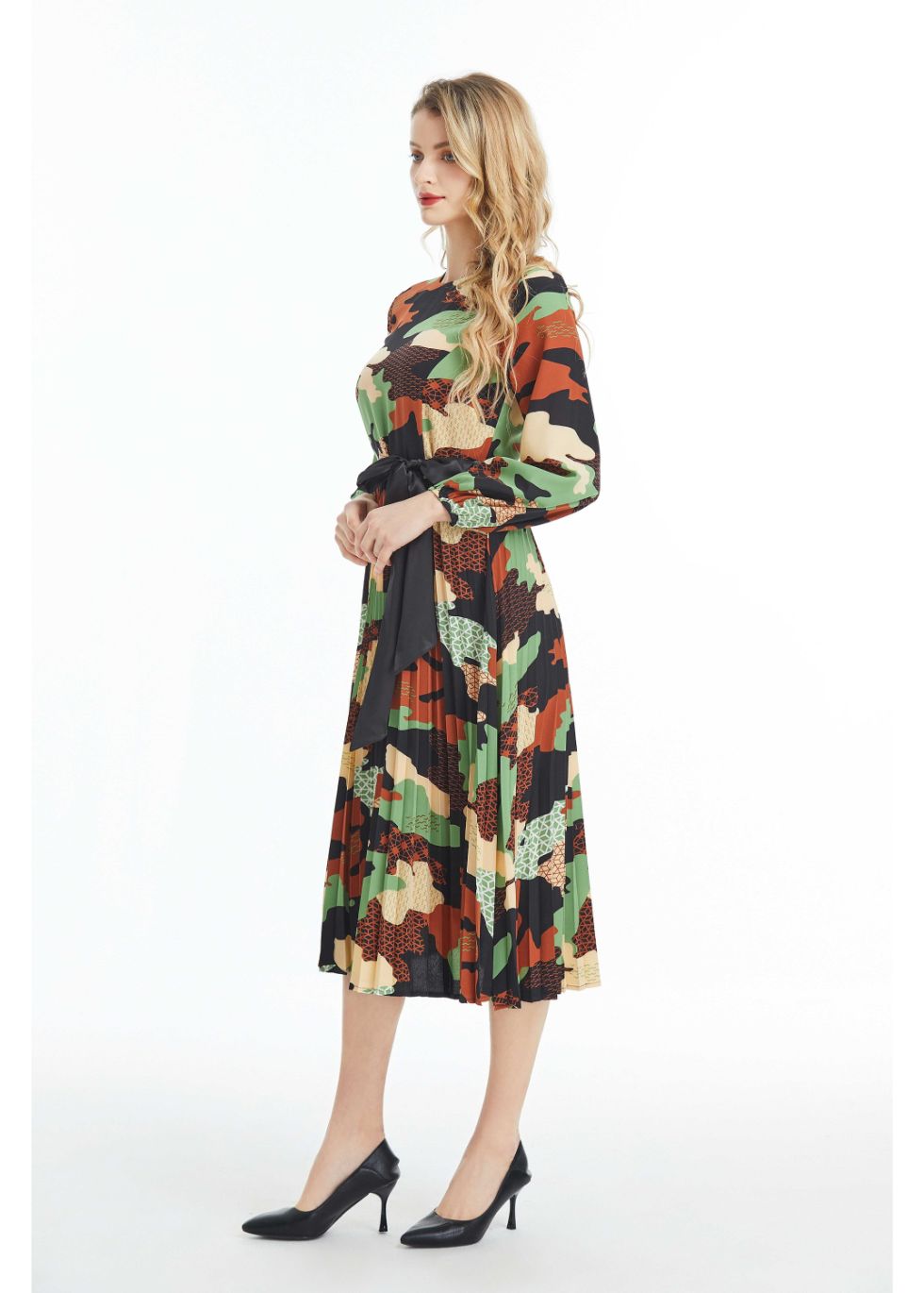Long Sleeved Belted Colorful Print Midi Dress - MissFinchNYC